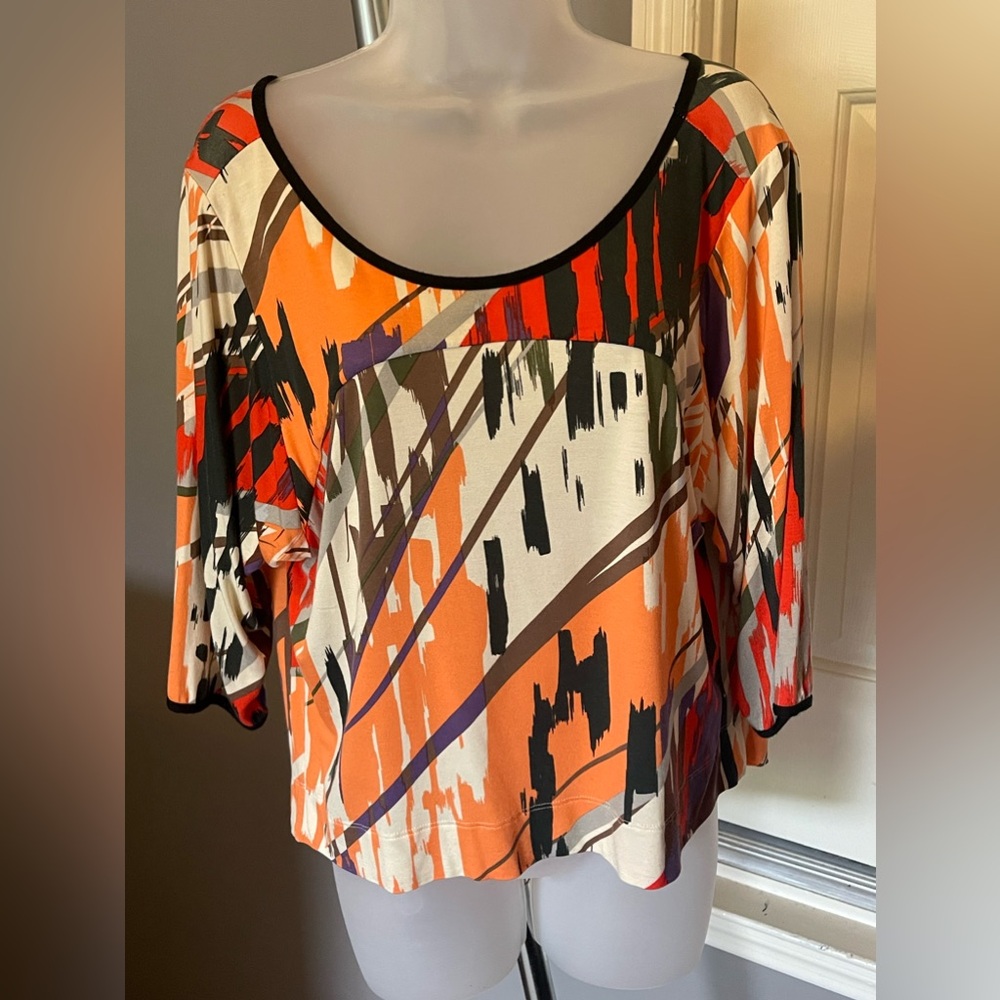 WESTON WEAR Scoop Neck Top Orange Cream Graphic Pattern Sz S